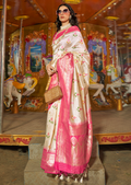 Pearl White Woven Pure Handloom Ikat Silk Saree