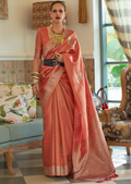 Orange Zari Woven Pure Handloom Satin Tissue Silk Saree