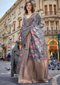 Slate Grey Woven Printed Brasso Handloom Silk Saree