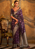 Grape Purple Zari Woven Handloom Pure Banarasi Satin Silk Saree
