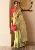 Tea Green Zari Woven Handloom Linen Tissue Silk Saree
