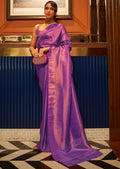 Golden Purple Zari Woven Pure Handloom Satin Kanjivaram Silk Saree