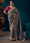NAVY BLUE HEAVY EMBROIDERED BROCADE DESIGNER KANJIVARAM SILK SAREE