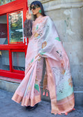 Pastel Pink Woven Pure Satin Organza Silk Saree