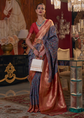 Navy Blue Woven Pure Handloom Kashmiri Jamewar Silk Saree