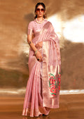 Crepe Pink Zari Woven Pure Paithani Tissue Silk Saree