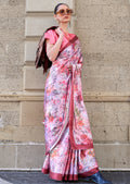 Carnation Pink Woven Digital Printed Satin Crepe Silk Saree