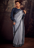 PIGEON GREY PURE SATIN TISSUE DESIGNER SILK SAREE
