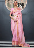 Crepe Pink Zari Woven Pure handloom Kanjivaram Silk Saree