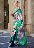 Jade Green Woven Digital Printed Satin Crepe Silk Saree