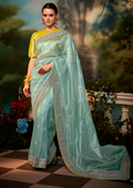 CELESTE BLUE DESIGNER PURE ORGANZA SILK SAREE