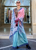 Powder Blue Woven Digital Printed Satin Crepe Silk Saree
