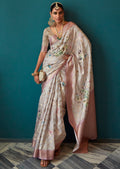 White Zari Woven Printed Handloom Crepe Silk Saree