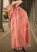 Peach Pink Woven Pure Handloom Kashmiri Organza Silk Saree