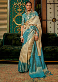 GOLDEN PEARL OFF WHITE AND BLUE ZARI WOVEN HANDLOOM KANJIVARAM SILK SAREE