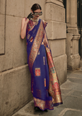 Blue Woven Pure Handloom Kashmiri Jamewar Silk Saree