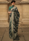 Bottle Green Woven Pure Handloom Banarasi Satin Silk Saree