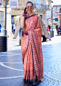 Georgia Peach Orange Woven Digital Printed Satin Crepe Silk Saree