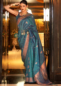 Teal Blue Copper Zari Woven Pure Handloom Banarasi Silk Saree