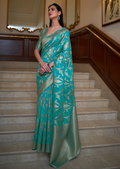 CYAN BLUE ZARI WOVEN HANDLOOM ORGANZA SILK SAREE