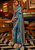 Ink Blue Zari Woven Pure Handloom Satin Kanjivaram Silk Saree