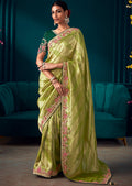 LAWN GREEN HEAVY EMBROIDERED BROCADE DESIGNER KANJIVARAM SILK SAREE