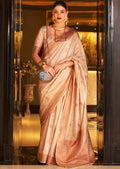Beige Off White Copper Zari Woven Pure Handloom Banarasi Silk Saree