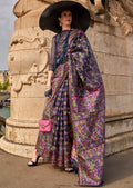 Midnight Blue Woven Pure Handloom Parsi Organza Silk Saree