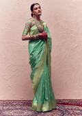 PEARL AQUA BLUE PURE CREPE SILK DESIGNER KHADDI BANARASI SAREE