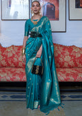 Teal Blue Zari Woven Pure Handloom Silk Saree