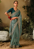 THYME GREEN WOVEN HEAVY EMBROIDERED PREMIUM DESIGNER SILK SAREE