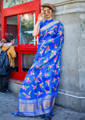 Ink Blue Woven Pure Satin Organza Silk Saree