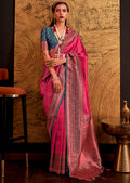 Golden Ruby Pink Zari Woven Pure Handloom Kanjivaram Silk Saree