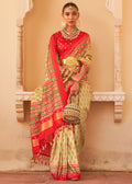 CREAM WHITE ZARI WOVEN TUSSAR PATOLA SILK SAREE WITH LAGDI PATTA