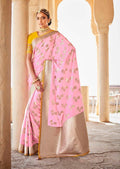 Powder Neon Pink Woven Exclusive Designer Banarasi Silk Saree With Embroidered Silk Blouse
