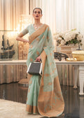 Mint Green Zari Woven Pure Handloom Linen Saree