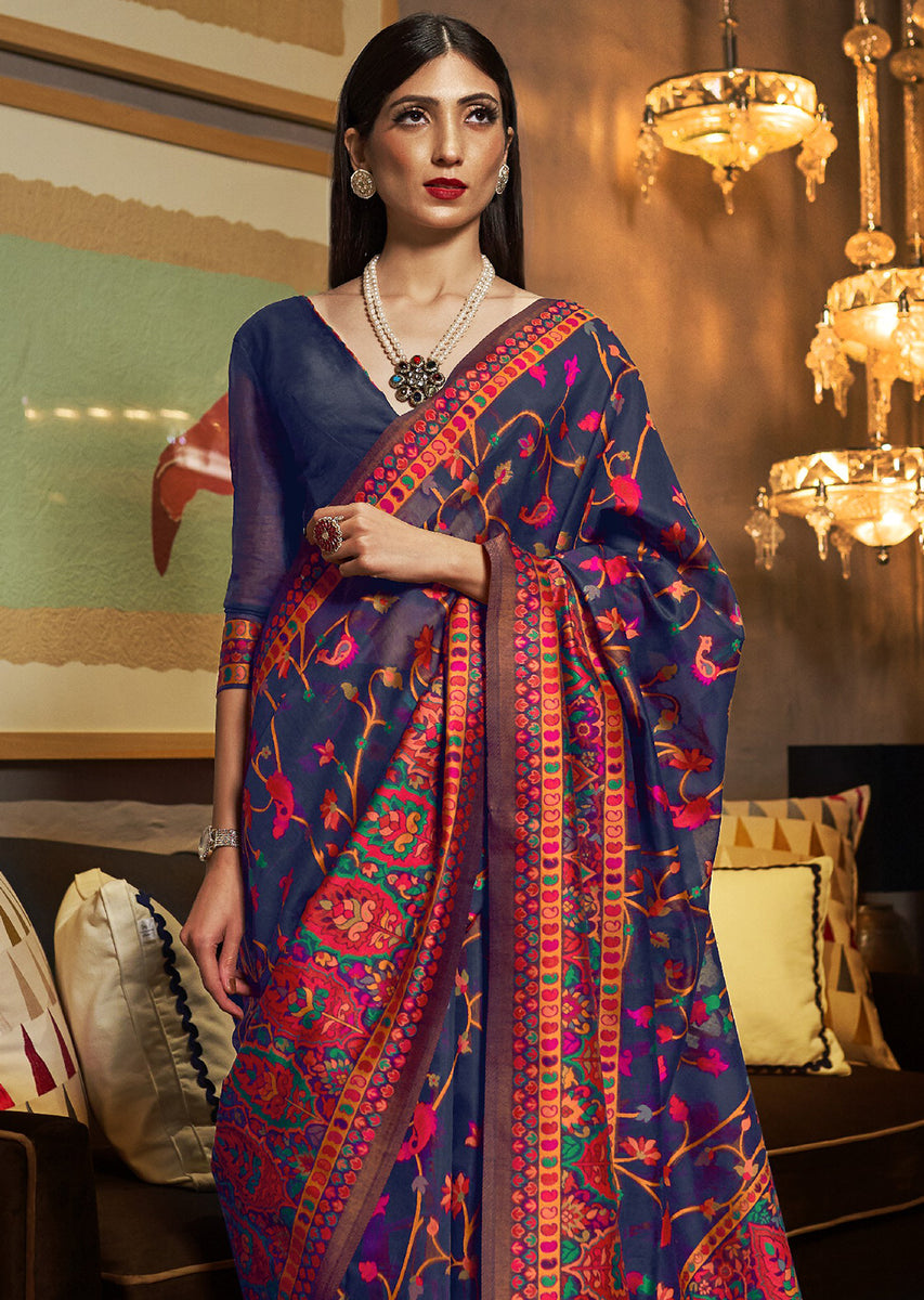 Silver Bluish Woven Kashmiri Cotton Silk Saree main image 1