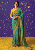 TURQUOISE GREEN WOVEN PURE BRASSO CHIFFON SAREE WITH EMBROIDERED SILK BLOUSE