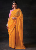 MUSTARD YELLOW WOVEN PURE BRASSO CHIFFON SAREE WITH EMBROIDERED SILK BLOUSE