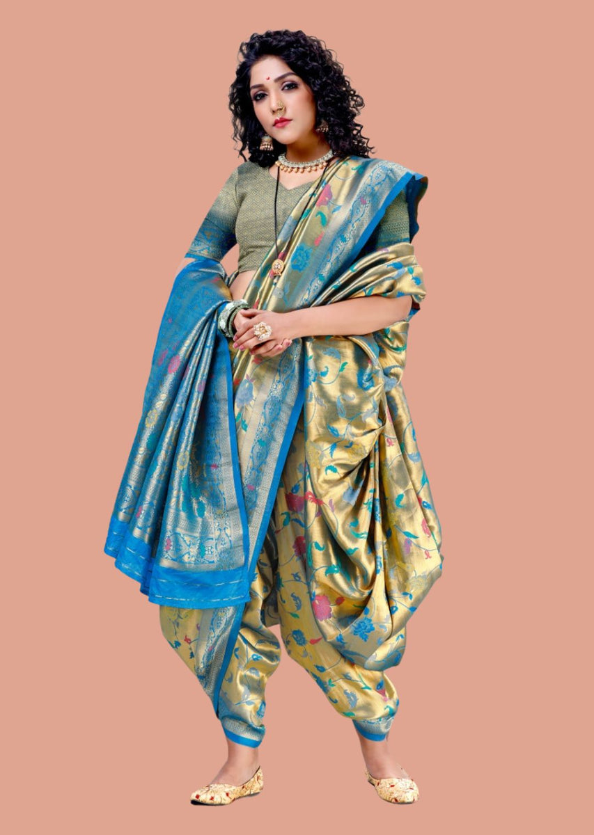 Golden Blue Zari Woven Traditional Nauvari Pure Kanjivaram Brocade
