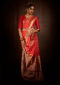 Coral Red Zari Woven Traditional Peshwai Paithani Silk Saree With Swarovski Work