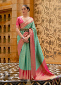 Turquoise Green Woven Handloom Zari Silk Saree