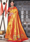 Golden Red Woven Pure Kanjivaram Traditional Paithani Silk Saree