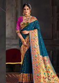Teal Blue Woven Pure Traditional Paithani Silk Saree