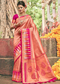 Golden Ruby Pink Woven Kanjivaram Silk Saree