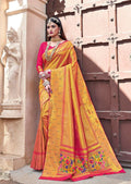 Golden Ruby Pink Woven Pure Kanjivaram Traditional Paithani Silk Saree