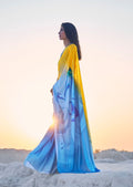 Sky Blue & Yellow Digital Printed Satin Crepe Saree