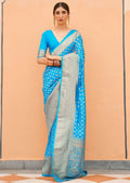 Deep Sky Blue Woven Khaddi Georgette Banarasi Saree With Embroidered Silk Blouse