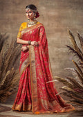 Red Woven Traditional Khaddi Bandhani Silk Saree With Embroidered Silk Blouse