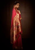 Ruby Red Zari Woven Traditional Peshwai Paithani Silk Saree With Swarovski Work